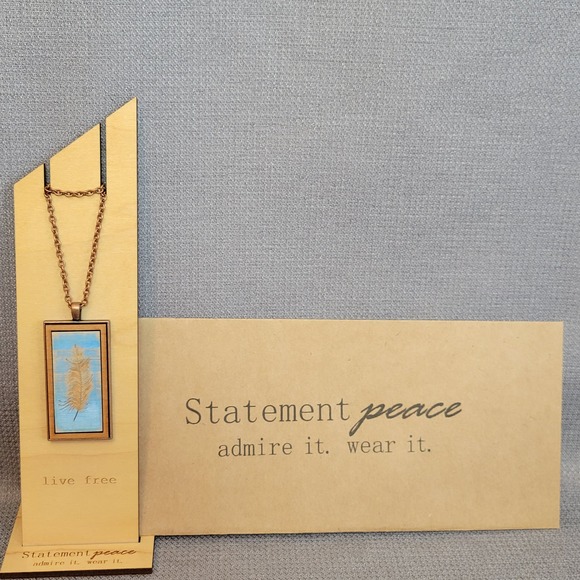 NWT Feather Copper Wood Pendant Necklace Statement Peace Handcrafted USA - Picture 7 of 12